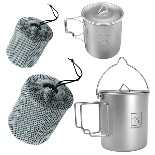 (2PC SET) Titanium 450mL and 750ml ULTRALIGHT Compact Titanium Open Flame Compact Cup and Kettle Mug Kit with Lids, Nylon Travel Cases | 250 Grams | Fit Together