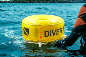 22" DIVER BELOW with Custom Name Option, Yellow Diving Safety Float, Scuba Snorkeling Diving Buoy Inflatable