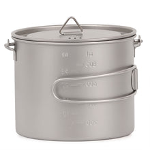 Load image into Gallery viewer, Titanium 1100ml Pot with Lid &amp;  Hanger Mug Foldable Handles for Backpacking Camping etc.